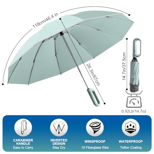 Image of PALAY Carabiner Handle Large Automatic Folding Umbrella, Mint Green with Reflective Rim, UV Protection, Windproof Waterproof Travel Umbrella for Men Women Camping Hiking Beach Monsoon