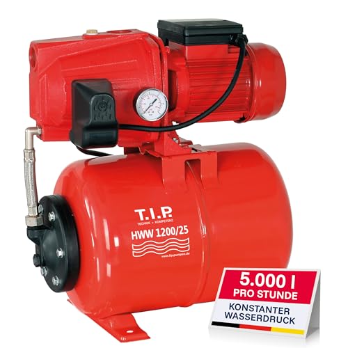 T.I.P. HWW 1200/25 Hauswasserwerk, 5.000 l/h Jetpumpe mit Gusseisengehäuse, 1.200 W, 50 m Förderhöhe & 5,0 bar Druck, Druckschaltung, 22L Kessel, selbstansaugend, effizient, leistungsstark & langlebig