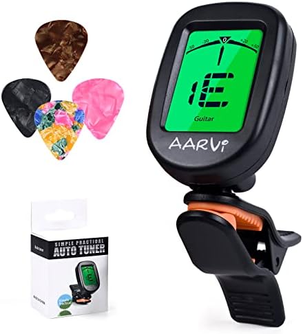 Clip On Guitar Tuner For All Instruments, Acoustic/Electric Guitar, Ukulele, Bass, Violin, Banjo, Large Clear LCD Display For Guitar Tuner, Chromatic Tuner, 4 Pack Guitar Picks Included