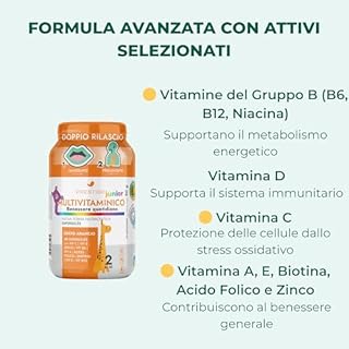 MULTIVITAMINICO JUNIOR, 60 Gommose Supergelée Gusto Arancia – Integratore per Bambini con Vitamine A, C, D, E, B6, B12 e Zinco - Supporto Energetico e Immunitario - Protezione da Stress Ossidativo