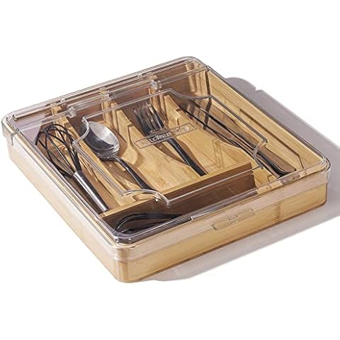 Kitchen Drawer Organizer, 13 Inch Silverware Utensil Tray Holder,with Removable Lid, 5 Slots Total Bamboo Wood Caddy for Flatware Cutlery Knives, Forks, Spoons. Cover
