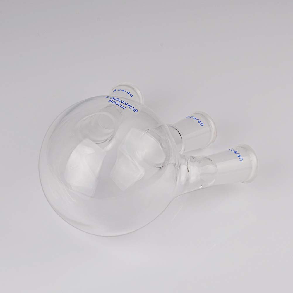 Labasics Glass 500ml 3 Neck Round Bottom Flask RBF, with 24/40 Center and Side Standard Taper Outer Joint, 500ml