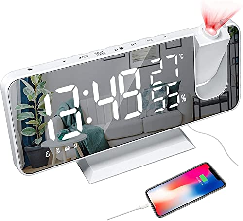 AOZBZ Projection Alarm Clock, Mirror LED Digital Alarm Clock with USB Charging Port, Projection Alarm Clock with 7.4 Screen FM, 12 24H, Snooze, 3 Levels of Brightness,Hygrometer Thermometer