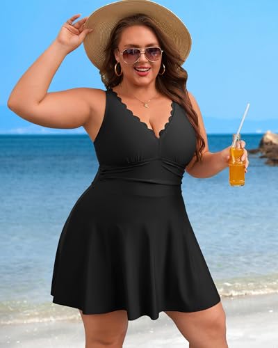 Charmo Women Plus Size Swimdress One Piece Swimsuit Ruched Tummy Control Bathing Suit Scalloped V Neck Flowy Swimwear3