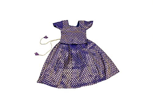 Image of TRADITION INDIA Royal Blue Chanderi Silk Kids Lehenga Choli Set, Short Sleeves Lehenga Choli, Pattu Pavadai, Kids Ethnic Wear