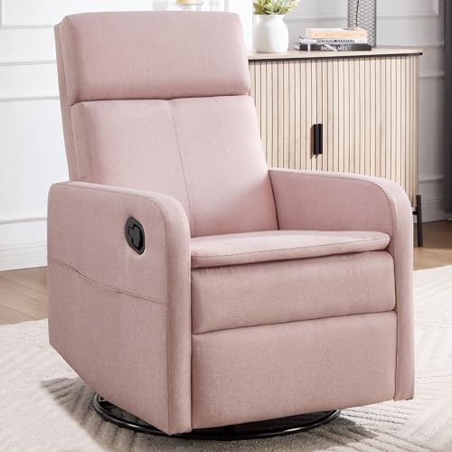 Image of Ketaiyou Swivel Rocking Recliner Chair for Adults, Rocker Nursery Glider Chair for Living Room Bedroom, Upholstered Fabric Reclining Single Sofa Chair (Pink)