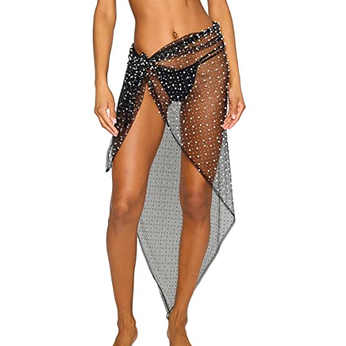 Pearl Swimsuit Cover Up for Women, Rhinestone Beach Sarong Bathing Suit Cover Up, Sheer Mesh Tie Skirt