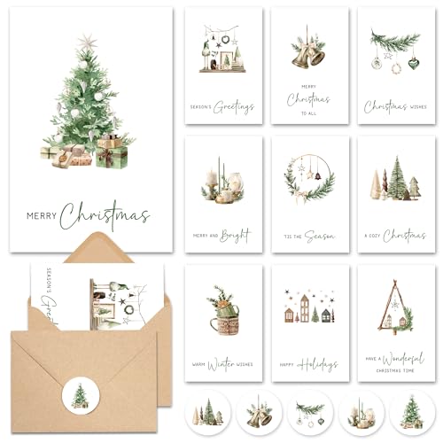 AUDREE Christmas Cards with Envelopes & Matching Stickers (20 Pack 4'x6') - Watercolor Woodland Rustic Thoughtful Gift Idea for Friends and Family - Perfect for Happy Holidays Card, Xmas Card