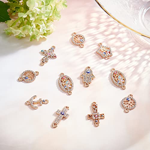 SUNNYCLUE 1 Box 32Pcs 8 Styles Evil Eye Connectors Golden Plated Rhinestone Cross Oval Hamsa Hand Flat Round Tree of Life Links Charms Lucky Chakra Pendants for Jewelry Making Charms Bracelets Crafts