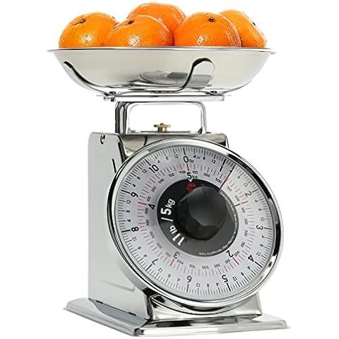 Tada 11lb Precise Portions Analog Food Scale Stainless Steel Mechanical Kitchen Scale, Removable Bowl, Tare Function, Retro Style, Kitchen Friendly Cover