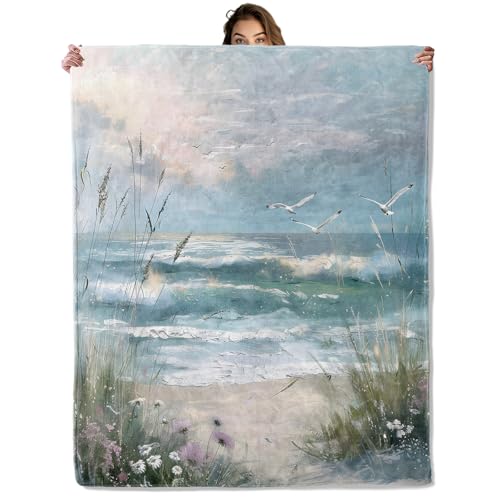 Ocean Beach Blanket 50x60 in, Flannel Throw Blankets for Travel Camping Sofa Living Room Decor, Lightweight Cozy Soft Fuzzy Gifts for Women Adults Kids