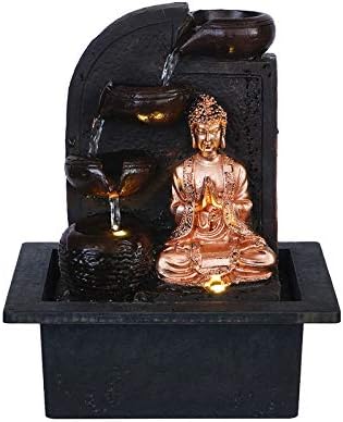 CHRONIKLE Polyresin Table Top Golden Brown Namaskara Mudra Buddha Home Decor Indoor 3 Steps Water Fountain with Yellow LED Lights & Speed Controller Pump (Size: 25 x 21 x 18.5CM | Weight: 1170grm)
