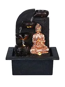 CHRONIKLE Polyresin Table Top Golden Brown Namaskara Mudra Buddha Indoor Home Decor 3 Steps Water Fountain with Yellow LED Lights & Speed Controller Pump (Size: 25 x 21 x 18.5 CM | Weight: 1170 grm)