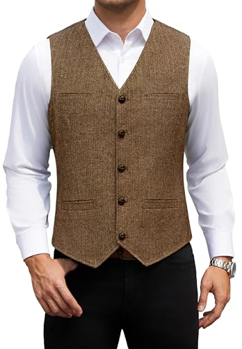 HISDERN Chaleco Traje Hombre Vintage Formal Elegante Chalecos de Vestir Hombre para Boda Negocios con Bolsillos Marrón M