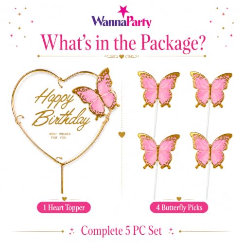 Image of Wanna Party Happy Birthday Cake Topper with Pink Butterflies, 5 Pcs Butterfly Cake Decoration Set for Birthday Cake, Cupcake, Dessert Table, Party Decor & Celebration Supplies