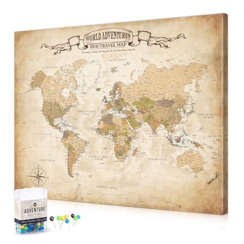 Image of DECORARTS - World Travel Map with Pins, Pin Board Canvas Wall Art, Antique Vintage Old World Maps for Wall, Giclee Print on Canvas, Handcrafted in USA, 30x24''