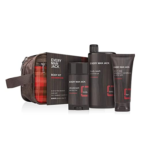 Every Man Jack Cedarwood Bath and Body Gift Set - Includes Three Full-Sized Grooming Essentials - Body Wash, 2-in-1 Shampoo + Conditioner, Deodorant + Bonus Dopp Bag