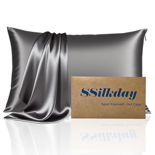 Mulberry Silk Pillow Cases with Zipper, Ultra Smooth Soft Breathable Cooling Pillow Cases for Hot Sleepers, Silk Satin Pillowcase for Hair and Skin, Gifts for Women (Dark Grey, King Size, 1 Pack)