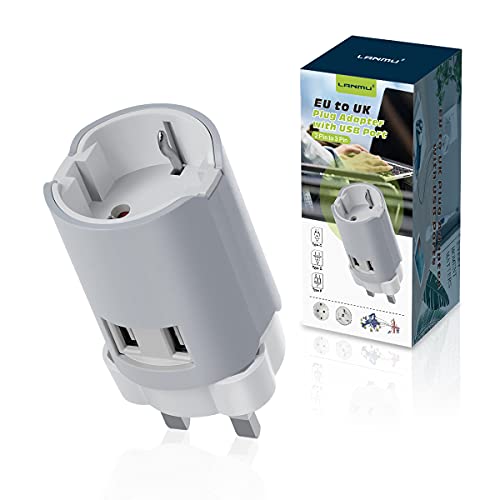 Europäischer auf UK-Stecker-Adapter, LANMU 2-poliger EU auf UK 3-poliger Adapterstecker mit 2 USB-Anschlüssen, EU zu UK Konverter-Stecker-Adapter UK-Buchse mit 13A Sicherung Cover