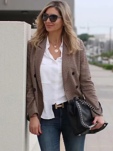 Women's Plaid Blazers Casual Double-Breasted Lapel Open Front Suit Blazer with Pockets3