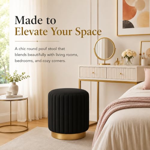 Image of Designer Velvet Round Footstool Ottoman with Sturdy Gold Metal Band Base for Home Decor & Extra Seating, Lightweight Pouf Stool for Sofa Side & Bedroom, 16x16x17 Inch (Black)