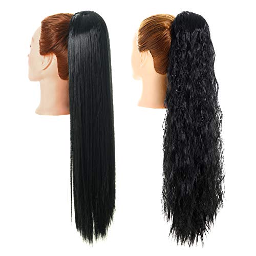 YMHPRIDE 2 pièces 24 pouces de long noir Extension de cheveux de queue de cheval droite et bouclée cordon de serrage Extensions de queue de cheval synthétique postiche de queue de cheval pour