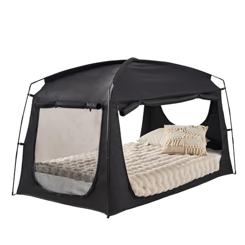 Privacy Bed Tent for Adults and Kids Portable Blackout Sleep Canopy with Breathable Mesh Windows, Light Blocking Bed Canopy Tent for Daytime Napping Privacy Shelter (Black Fits Twin Mattresses)