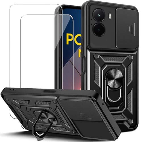 KUSINHOKA Coque pour Xiaomi Poco M7 4G avec entille Coulissante Couverture et Support Rotatif + [2 Pièces] Verre Trempé, Étui de Protection de Qualité Militaire [Antichoc] Rigide Housse, Noir