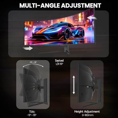 Image of CRUA 49 inch Curved Gaming Monitor | DQHD(5120 * 1440), 144Hz /165Hz, 1500R, 32:9, AMD FreeSync, 120% sRGB, Height Adjustable Ultra-Wide Screen Monitors, HDMI 2.1 & DP 1.4, Wall Mount Install- Black