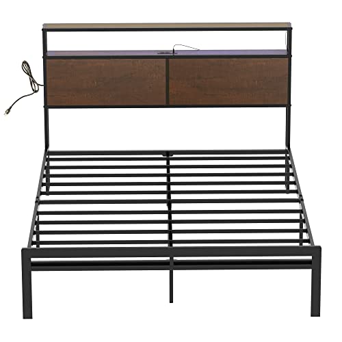 Hausource Queen Bed Frame With Storage Headboard Led Lights Metal Platform Non-Slip Without Noise Mattress Foundation Strong Metal Slats Support No Box Spring Needed #TOP7