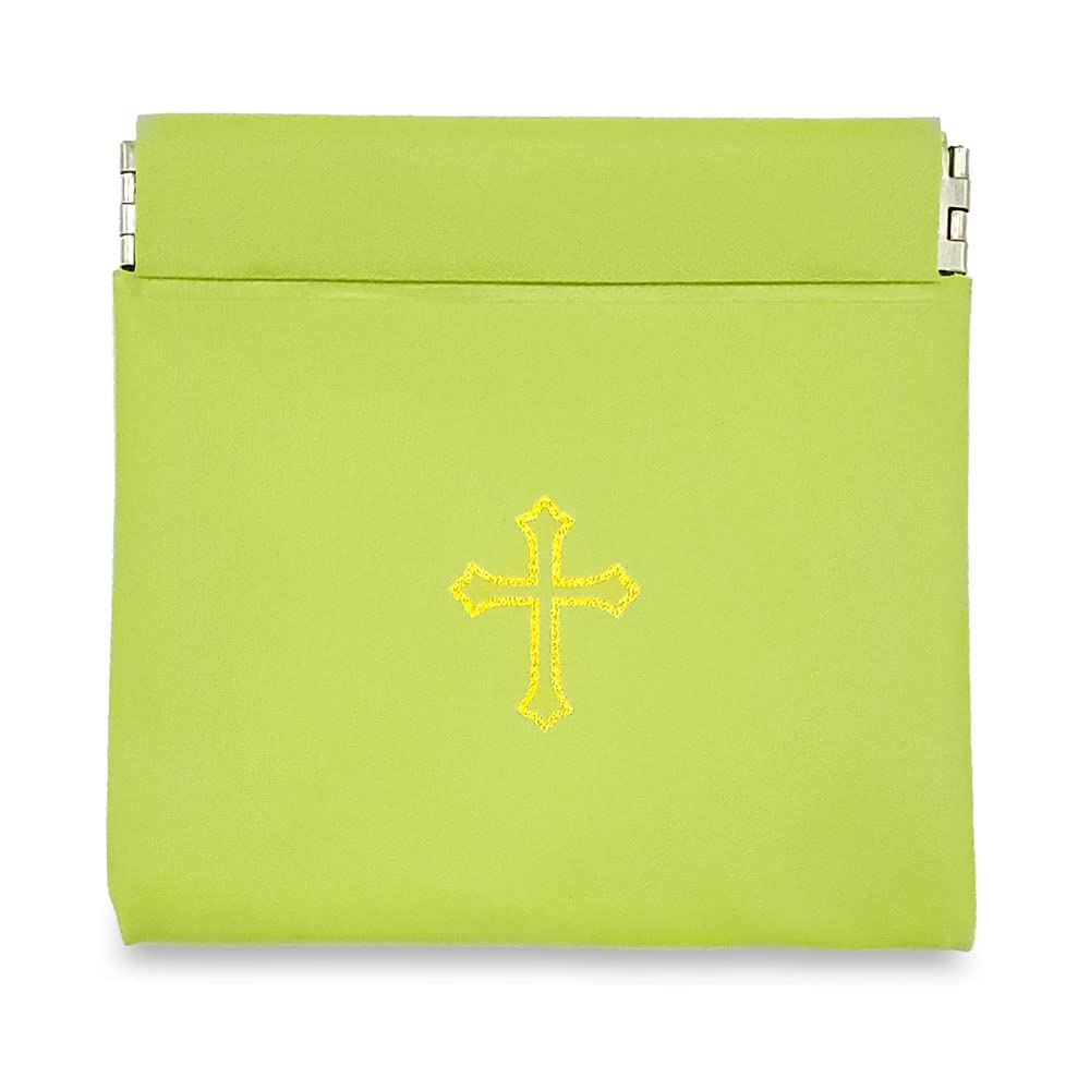 Squeeze-Top Faux Leather Rosary Pouch - Compact Green Vinyl Case for Rosary Beads with Cross Imprint - Keeps Prayer Beads Protected for Travel - Fits Easily in Purse, Pocket, Retreats & Church Use
