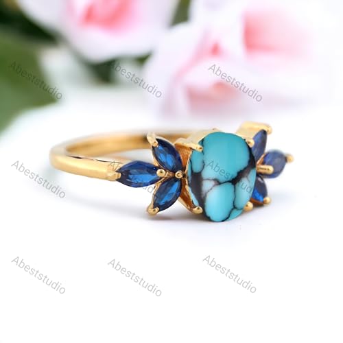 Blue Turquoise And Sapphire Gemstone Ring Cluster Gemstone Engagement Ring Oval natural Gemstone Handmade Ring Wedding Bridal Ring Custom Jewelry Gift For Her BY ABEST JEWELRY3