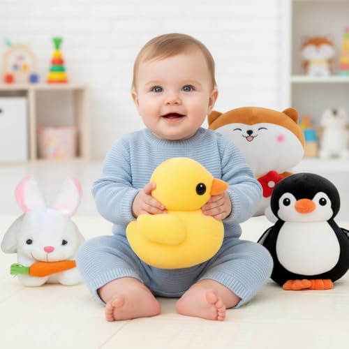 Image of Plush Toy Set for Kids (Pack of 4) - Soft Stuffed Duck, Bunny, Penguin & Flower Cat Characters | Cute Huggable Plushies for Boys & Girls | Gift Toy for Playtime & Bedtime