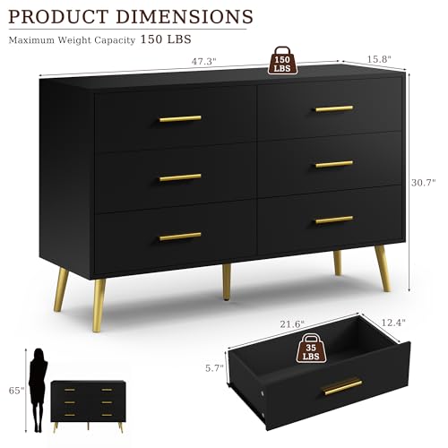 Image of Black 6 Drawer Dresser for Bedroom, 47 inch Wood Dresser with Gold Handles.