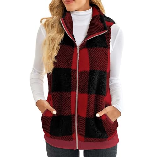 Womens Fashion Plaid Fleece Vest Casual Fuzzy Sleeveless Fuzzy Sherpa Vest Fluffy Zipper Jacket Warm Outerwear2