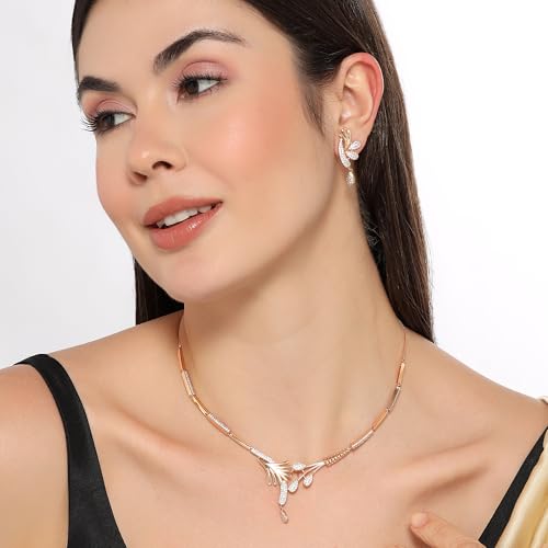 Image of Nilu's Collection Rose Gold Plated American Diamond Floral Leaf Necklace Set with Matching Drop Earrings For Women And Girls | Anti-Tarnish | Anti-Allergy | Office Wear