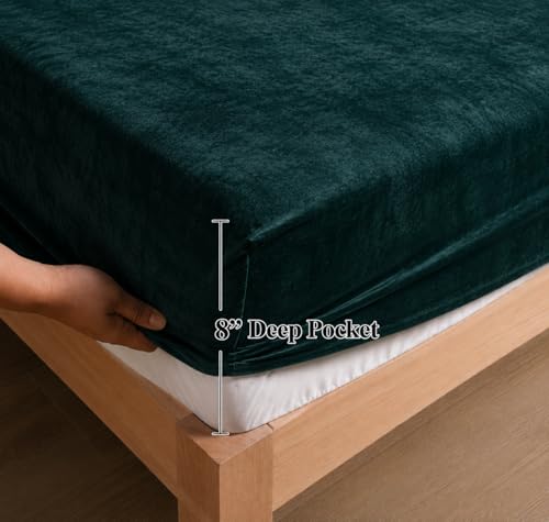Image of Warm Flannel (Flano) King Size Winter Fitted Bedsheet | All Side Elastic Premium Winter Soft Velvet Furnishing Bed Sheet with 2 Big Pillow Cover Size - 72 x 78 X 8 Inches Solid Green
