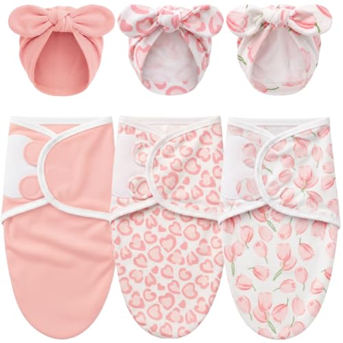 Image of DRESHOW BQUBO 3 Pack Newborn Baby Swaddle Blanket with Hats Infant Adjustable Velcro Swaddling Wraps with Bear Ears Cap for 6-12 Lbs Newborns & 0-3 Months Girls Boys