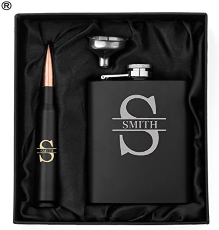 Monogram Initial Engraved Hip Flask, Funnel and 50 Caliber® Bullet Bottle Opener Matte Black Gift Box 50 Cal Custom Personalized