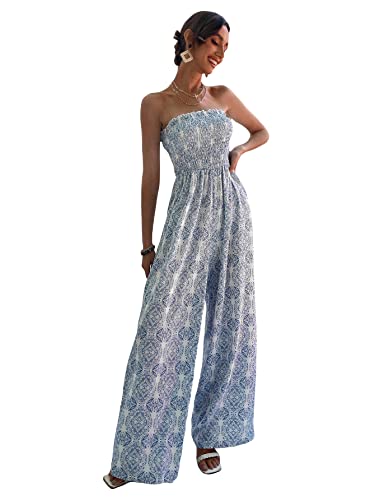 Makemechic Women's Allover Print Strapless High Waist Wide Leg Summer Jumpsuit Romper Blue And White M #TOP20