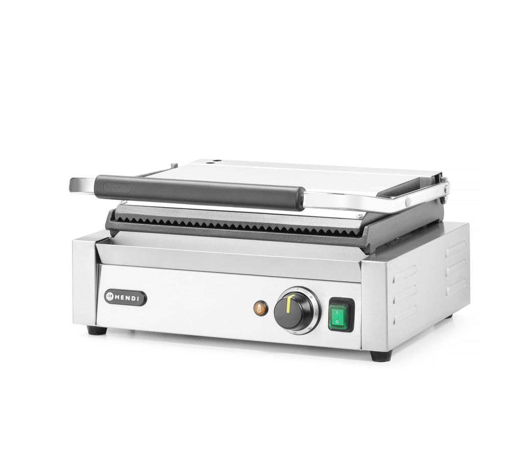 HENDI Piastra Elettrica a Contatto, Grill/Griglia Panini Professionale, Piastre Liscia e Rigata in Ghisa Smaltata, 230V, 2200W, 430x375x(H)216mm, Acciaio Inox