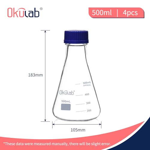 Okulab 4pcs Erlenmeyer Flask Set with Blue Cap, 500ml Lab Erlenmeyer Flasks Glass Erlenmeyer Flasks, Borosilicate 3.3 Glass Material with Printed Graduation, EFG45G500A4
