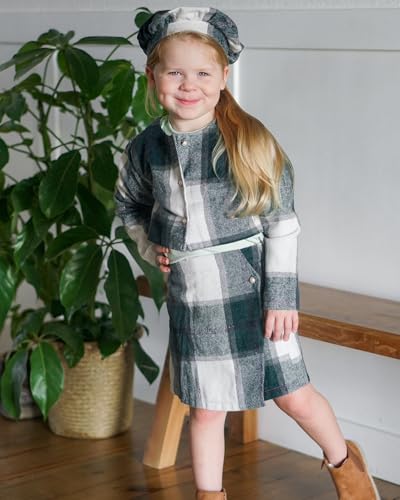 Image of HINTINA Toddler Girl 4 Pieces Outfits Ruffles Long Sleeve Tops Plaid Skirt Jacket And Hat Fall Winter Clothes Set