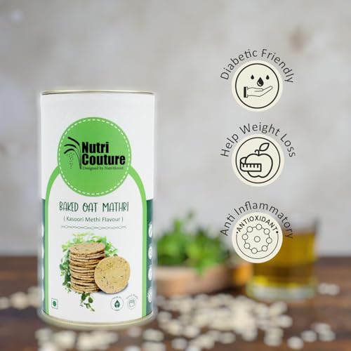 Image of Nutri Couture Baked Oats Mathri Kasoori Methi | Healthy Namkeen Snack | High Fiber, Low Fat, Diabetic Friendly | Wheat Free, Vegan | Made in Olive Oil, No Palm Oil, No Preservatives | Crispy Tea Time Snack