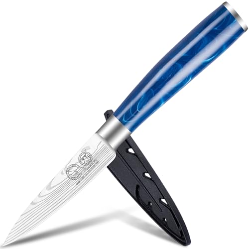 XYJ Autentico dal 1986, coltello da cucina in acciaio inossidabile, coltello paring da 3,5 pollici con fodero, manico in resina, lama modello Damascus a laser, coltello per affettare frutta e verdura