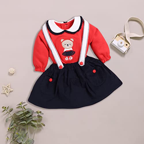Image of Baby GO Cotton Full Sleeve Frock with Attached Suspender Skirt for Baby Girls | Cute Bear Patchwork Peter Pan Collar Dress | Infant Winterwear Birthday Party Frock Set