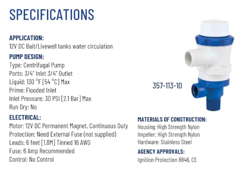 PENTAIR SHURFLO 357-113-10 Piranha Livewell Pump, 12 VDC, 800 GPH by SHURFLO - Image 3