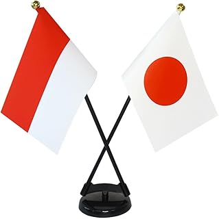 TOSPA インドネシア×日本 国旗 ミニフラッグ 2本立てクロスセット 旗サイズ10.5×15.7cm テトロンスエード製 ポール27cm +スタンドセット 日本製 世界の国旗シリーズ