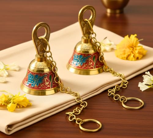 Image of DSH Pure Brass Hanging Bell with Chain for Temple Mandir Door Home Decorative Ringing Bell (Red, 2)