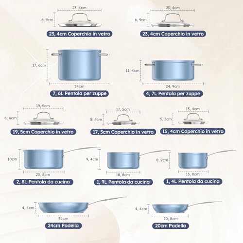 Nuwave Healthy Duralon Blue Ceramic Non-Stick Cookware, PFAS Free, Dishwasher and Oven Safe, Induction Safe, Scratch-Resistant Surface, Glass Lids and Heat Resistant Handles (Pack of 12)